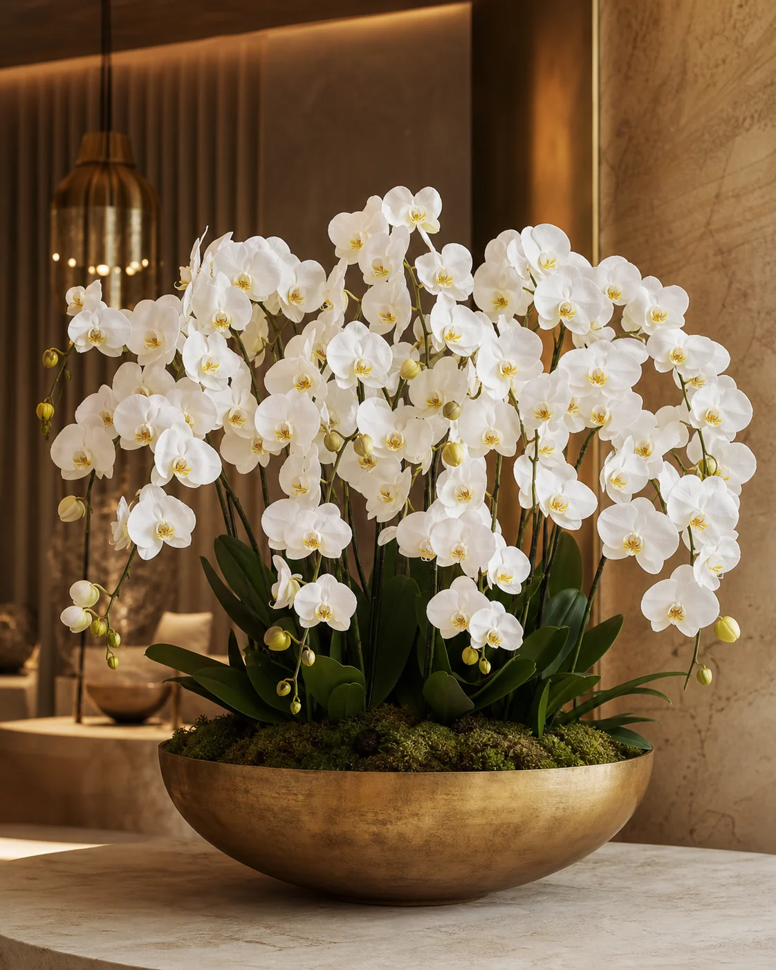 White orchids arranged in a brushed gold bowl